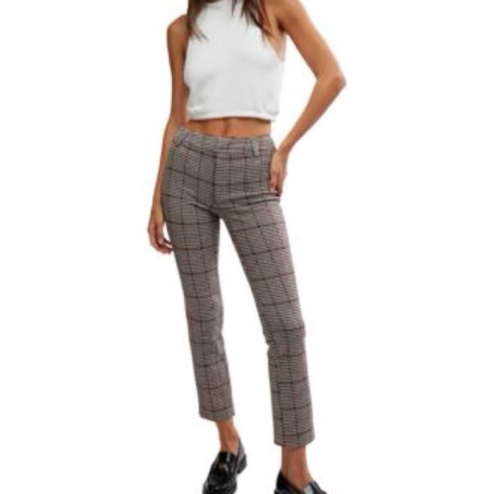 Kut from the Kloth Molly Straight Printed Trouser Khaki Blue Plaid NWT 8